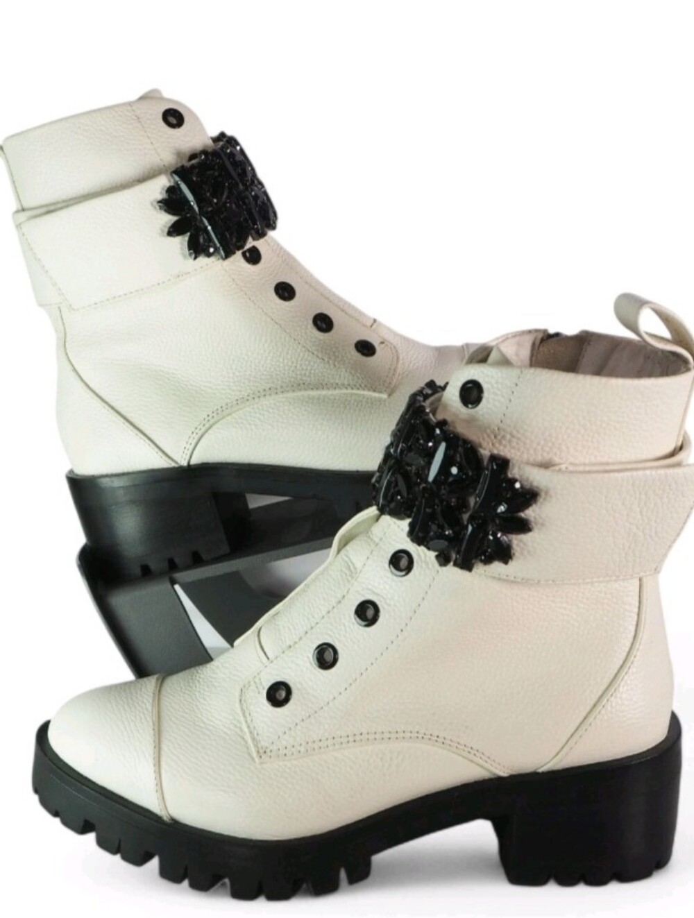 Karl Lagerfeld Pippa Jeweled Strap White Leather Black Lug Combat Boots Women 8
